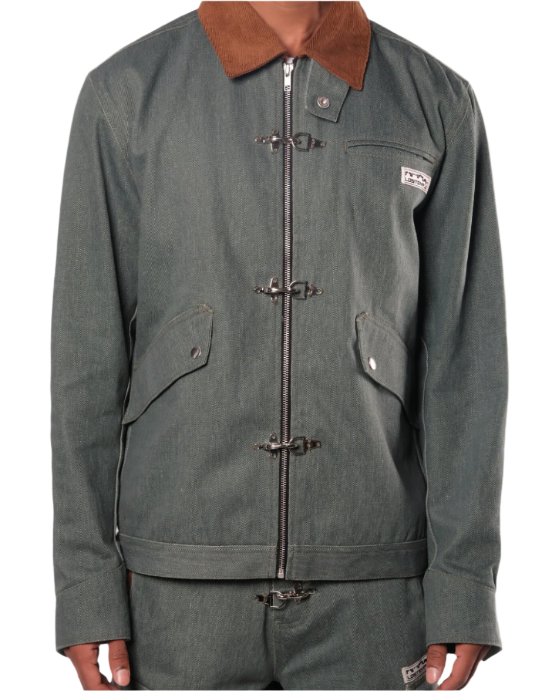 Green jacket with brown collar on a white background