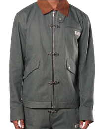 Green jacket with brown collar on a white background